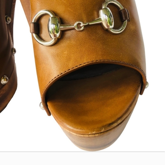 Gucci Cognac Morena Horsebit Studded Leather Clog Wooden Heel Sandal Size 8 - Picture 9 of 13